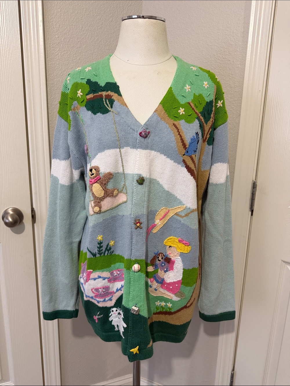 Vintage Storybook Knits Kids Playing Toys  Cardigan Sweater Kindergarten Teacher